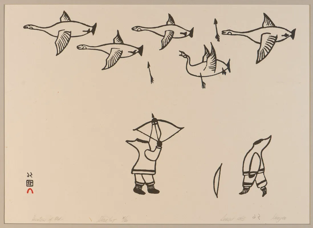 Two hunters shooting arrows at geese. 