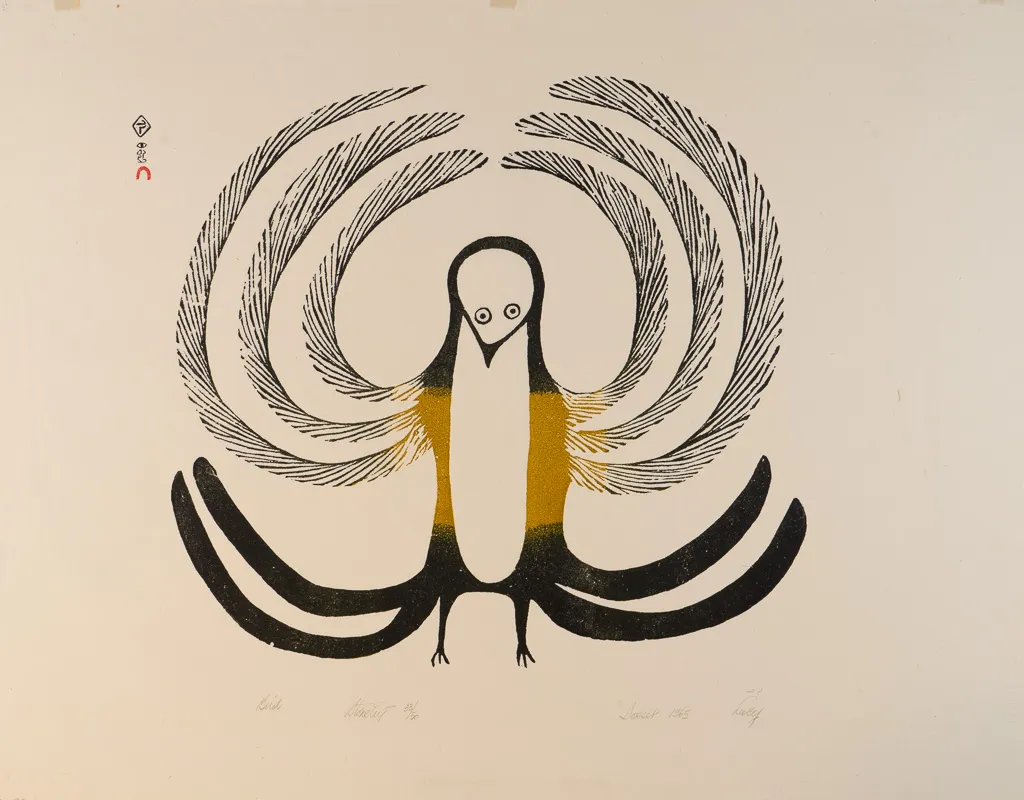 Bird holding wings in circle.