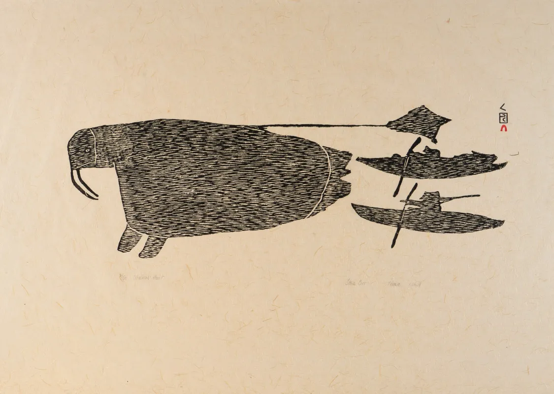 Two hunters in kayaks after having harpooned a walrus. 