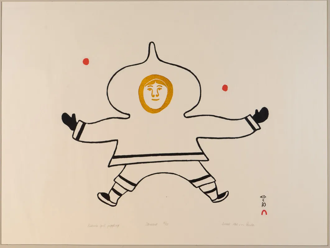 Girl, wearing a parka, juggling two red balls.