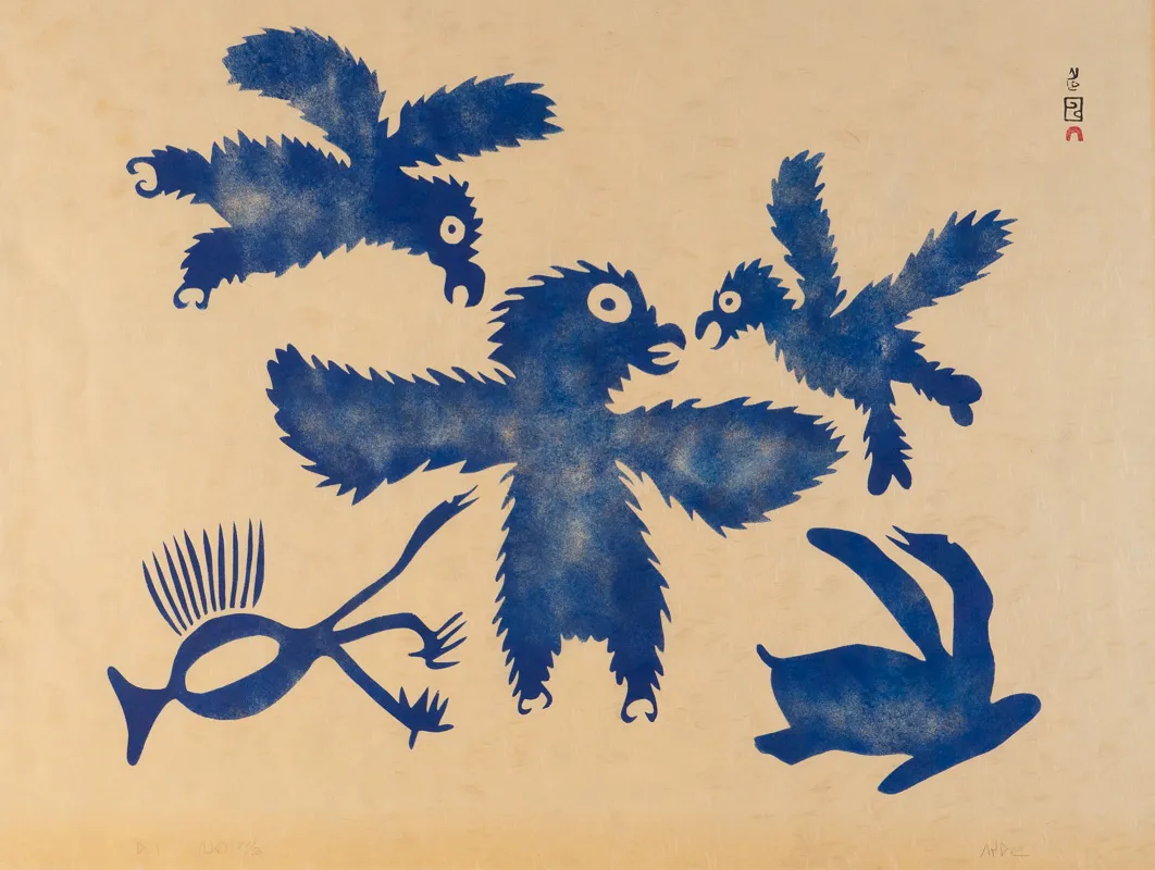 Three owls playing; two loons watching. Blue print.