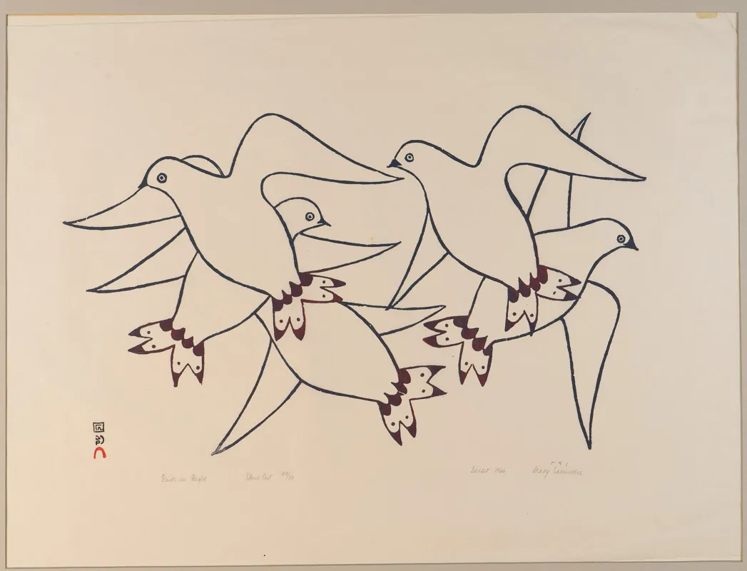 Line drawing of birds flying.