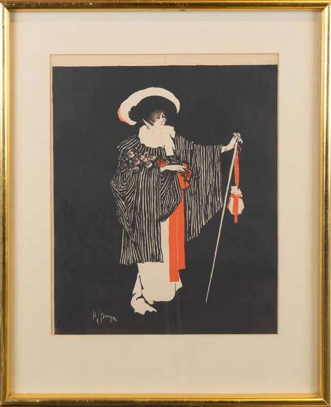 A glamorous woman in black and red wearing a robe.