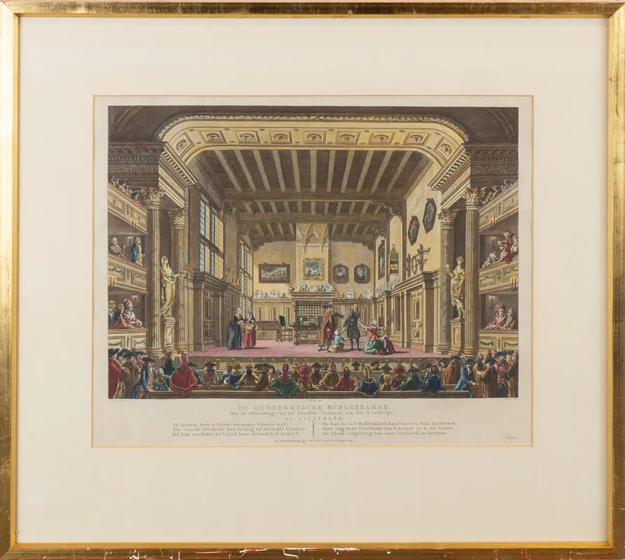 Elaborate hand-tinted engraving of the staging of a play.