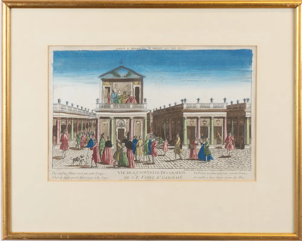Elaborate hand-tinted engraving of the staging of a play in an outdoor theatre.