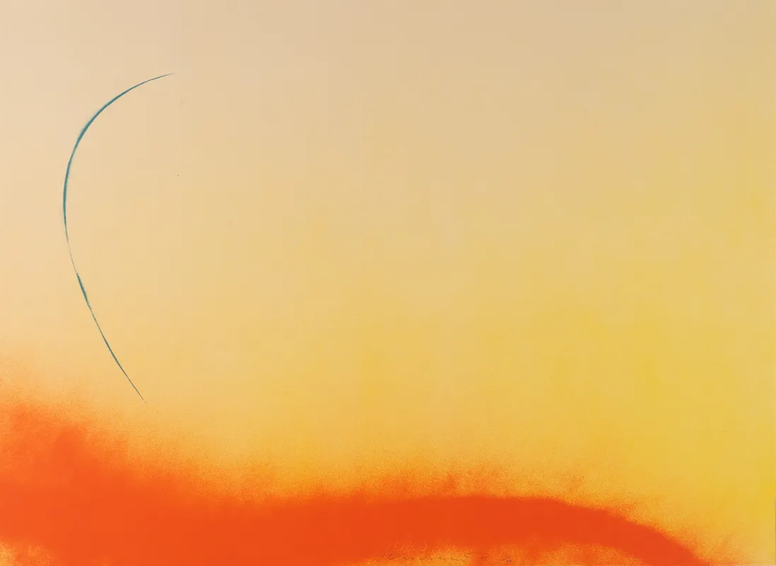 Yellow background with undulating orange field across bottom and blue arc in upper left. 