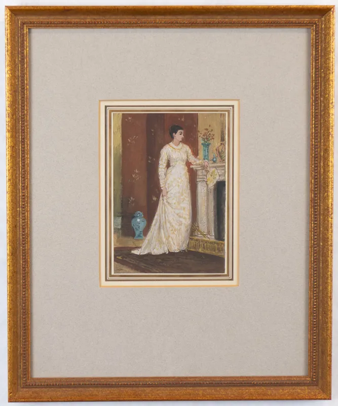 Full length portrait of woman in an evening gown.