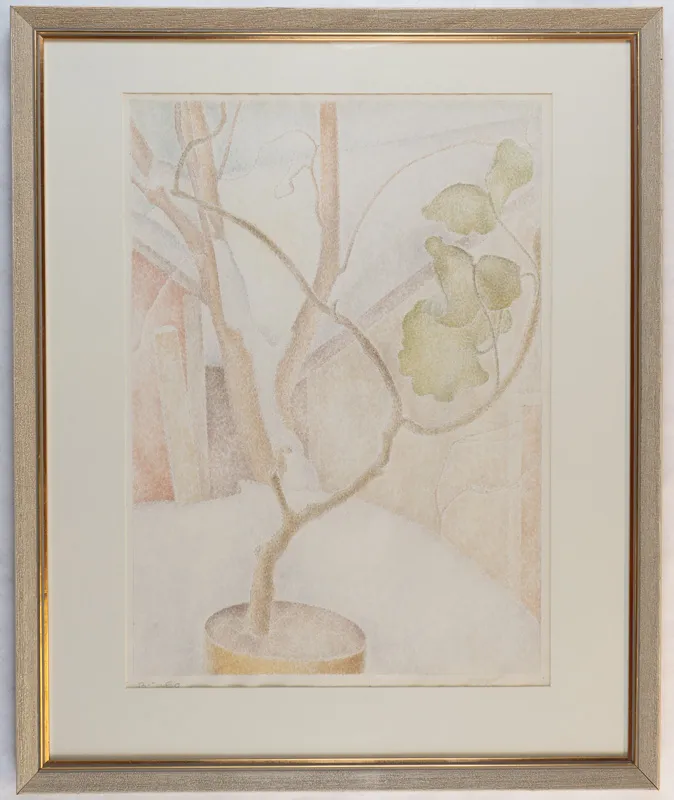 A potted geranium in a snowy scene. 