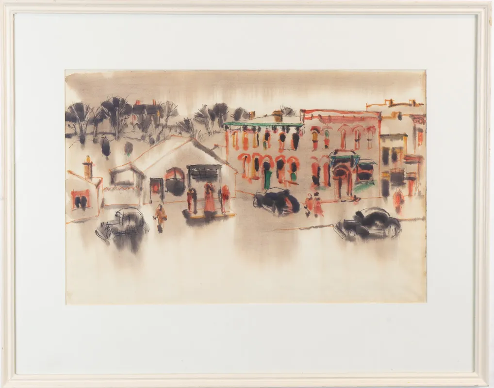 Small town downtown scene with trees in background.
