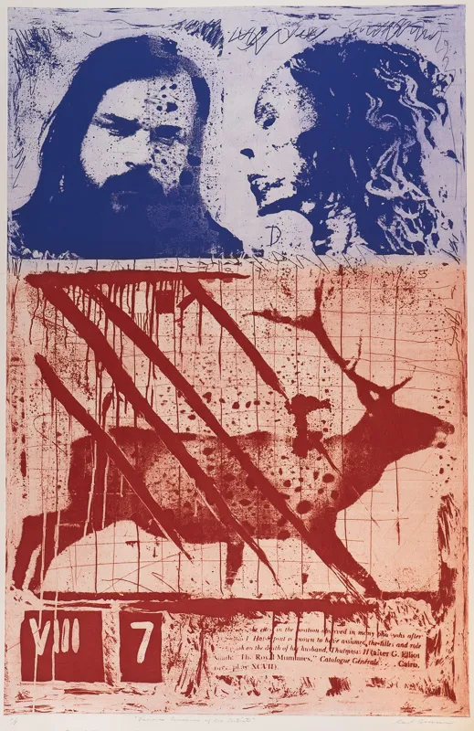 Two faces in blue on the top third, an elk in red on the lower part.