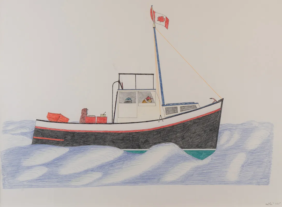 Pencil crayon drawing of a small fishing boat with a Canadian flag.