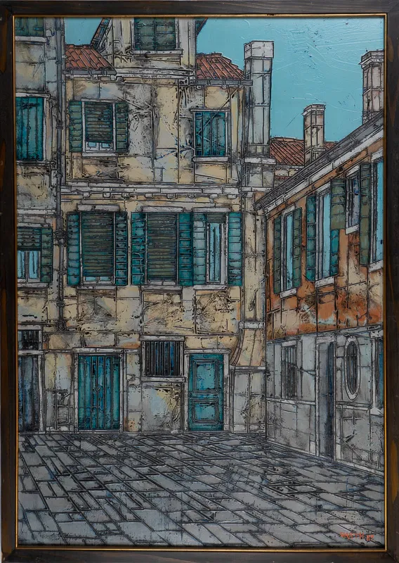 Old courtyard with boarded up windows.