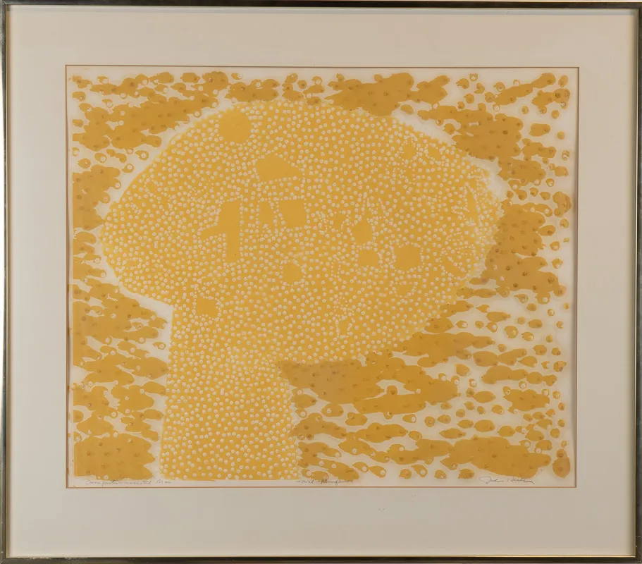 Composition in yellow with white dots. Speach bubble? Head? 