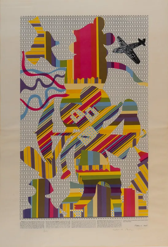 Psychedelic print with various colourful figures.