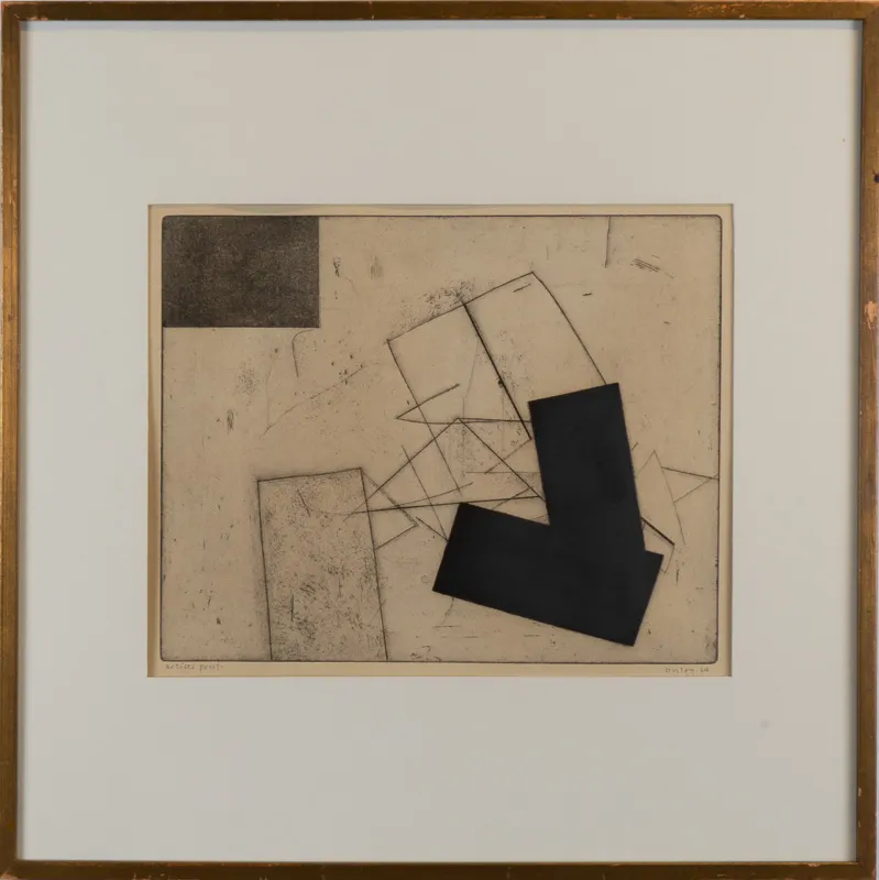 Black and white etching of variously shaded rectangles.