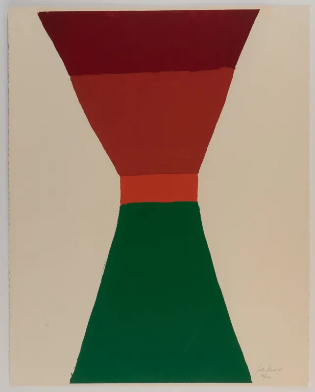 Squared-off hourglass figure in greens and browns.