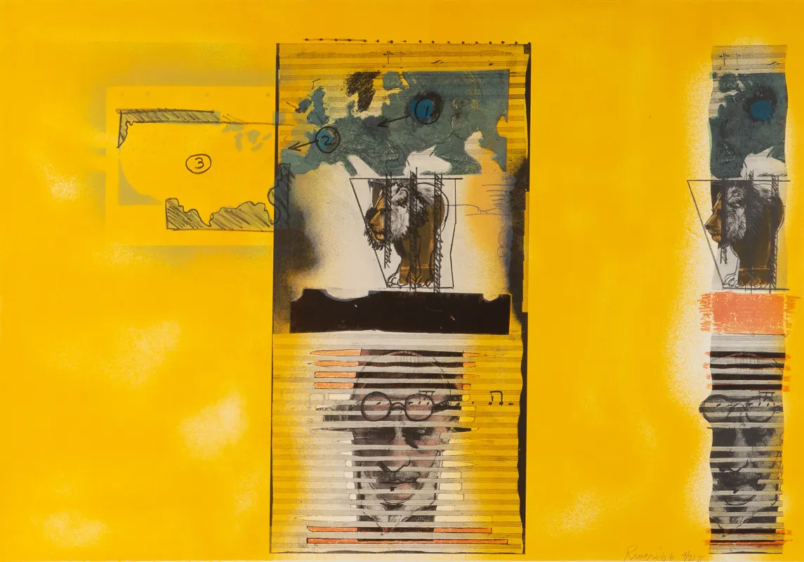 Yellow/orange background with sketch-like images superimposed.