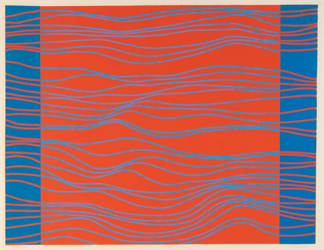 Wavy horizontal blue lines with red ends. Background is reversed colour (red with blue sides).