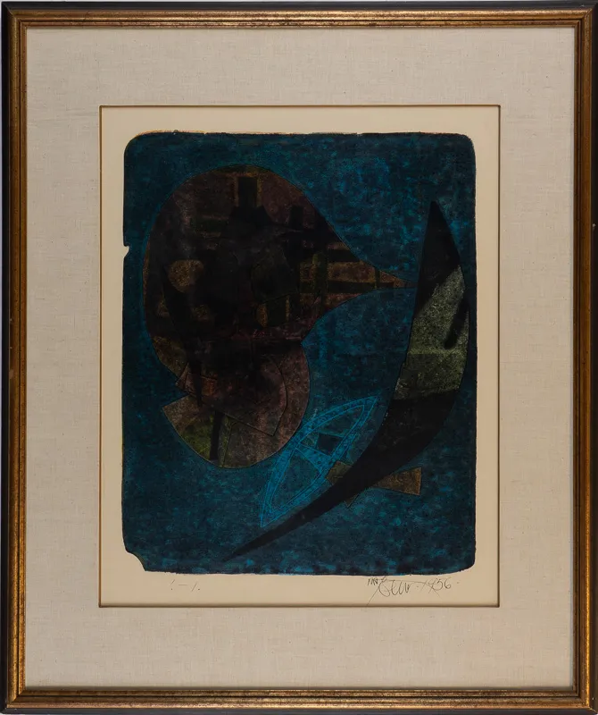 Dark abstract image. One figure resembles a cartoon bird.
