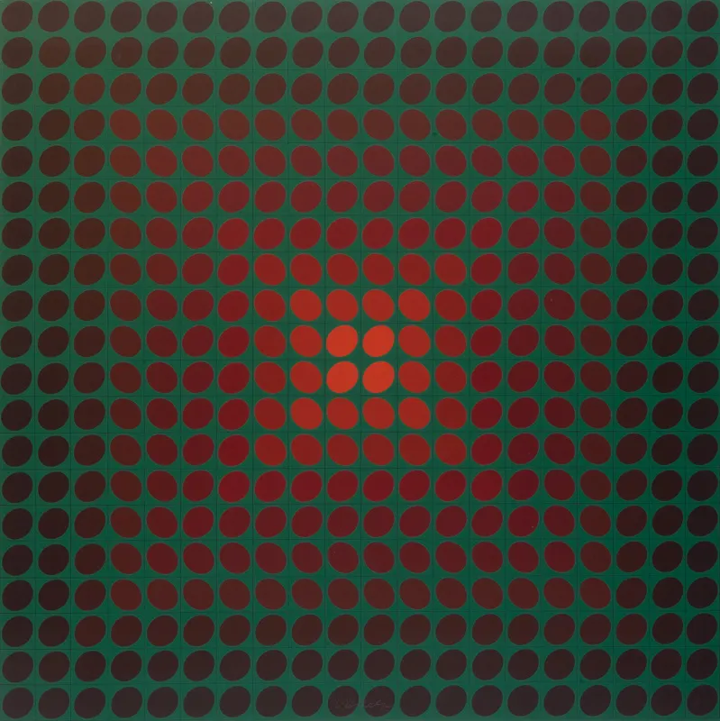 Grid of red ovals that darken towards edge on a green background.