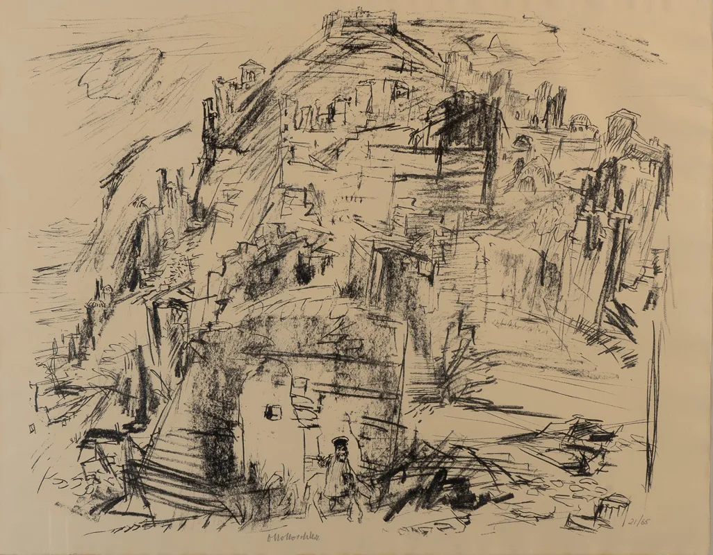 Sketch of village on hill.