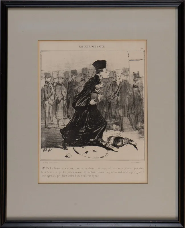 A robed lawyer rushing down the street, oblivious to the surroundings (including a prone woman).
