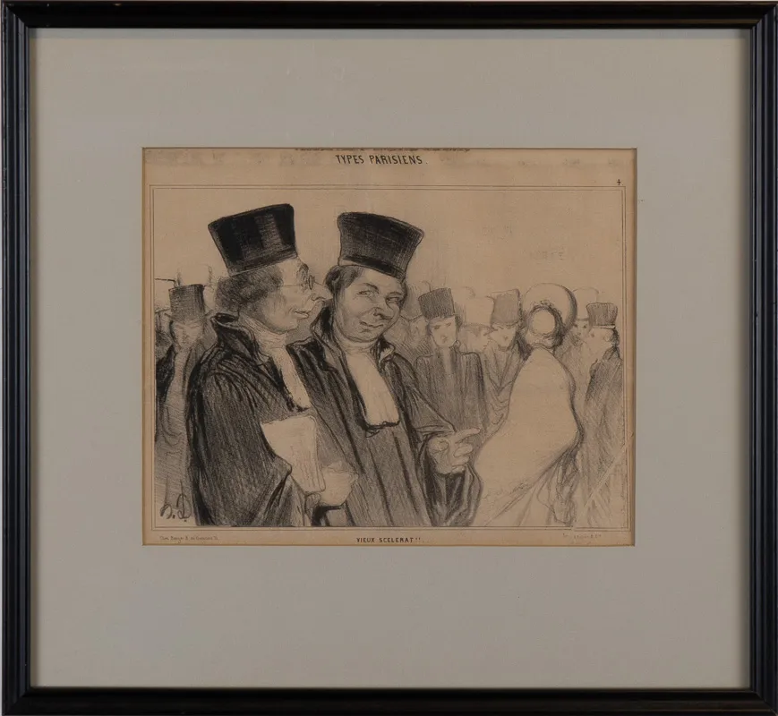 Caricature of two figures deep in a discussion. The subtitle calls them old criminals.