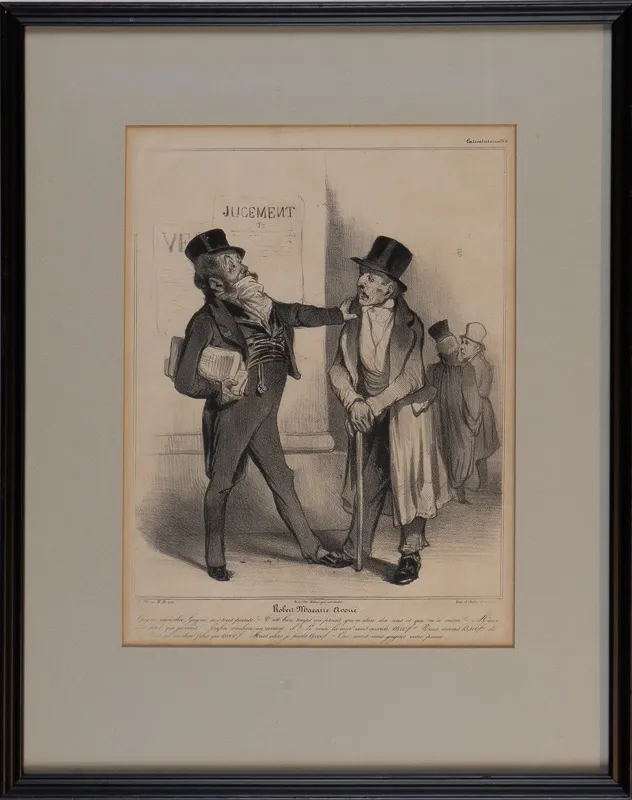 Etching of two figures engaged in a conversation.