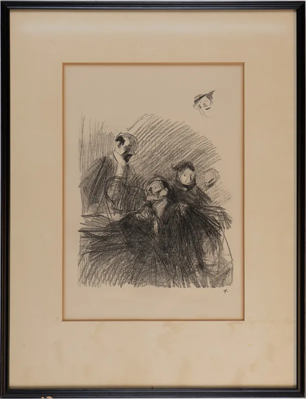Preliminary sketch of three figures in rapt attention.