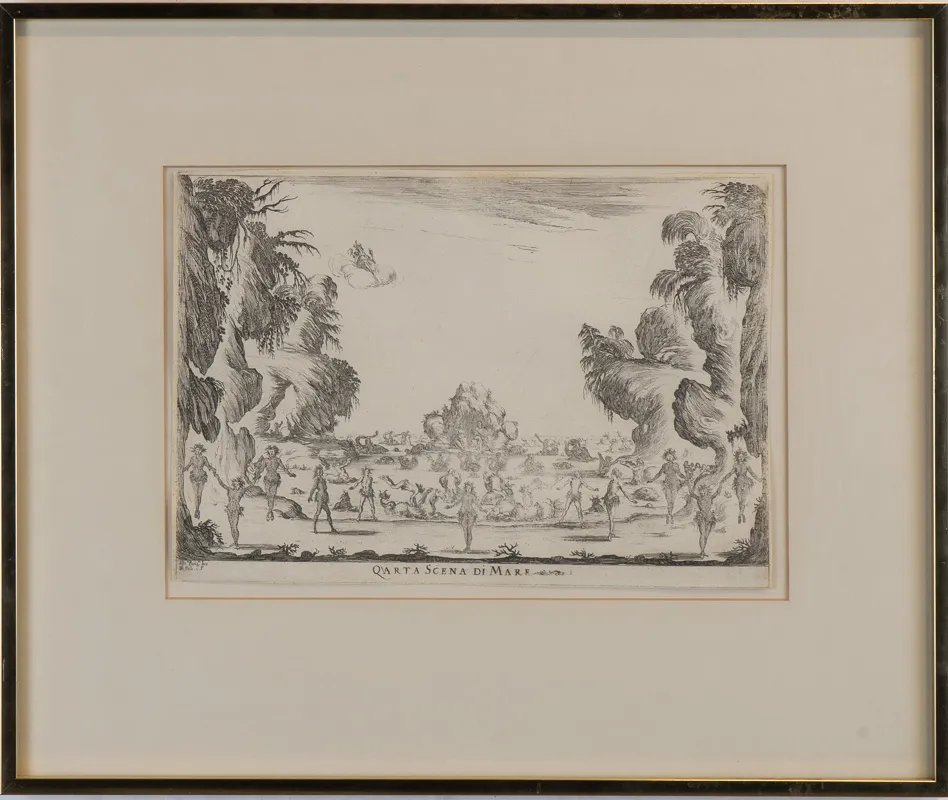 Symmetrical image of a landscape with many figures.