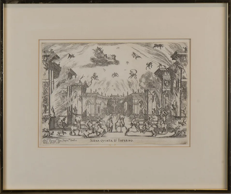 Symmetrical view of a classical city with many tormented figures.