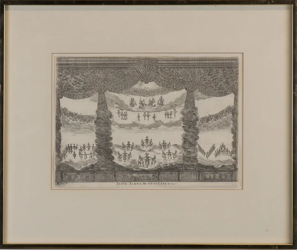 Symmetrical view of what appears to be a stage with many flaoting figures.