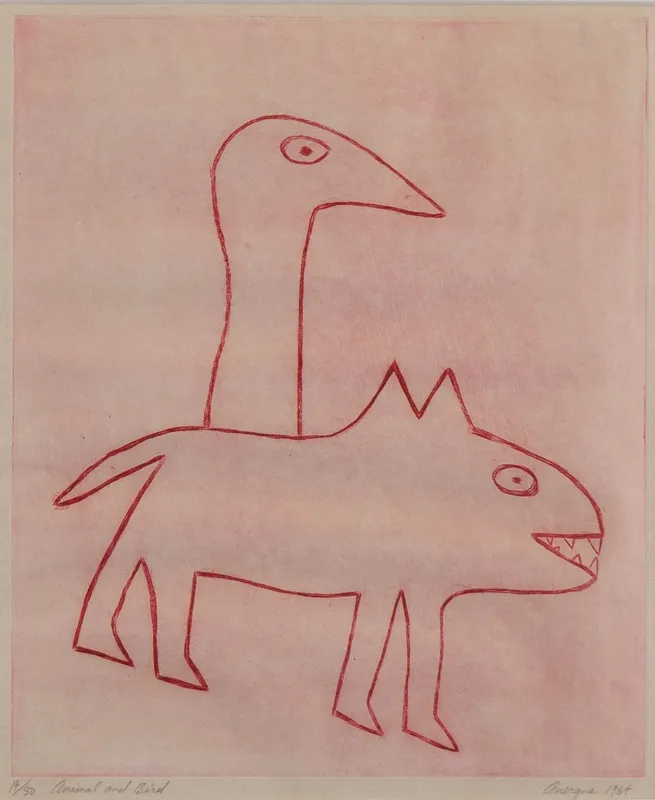 Line drawing of an animal with a bird hiding behind it.