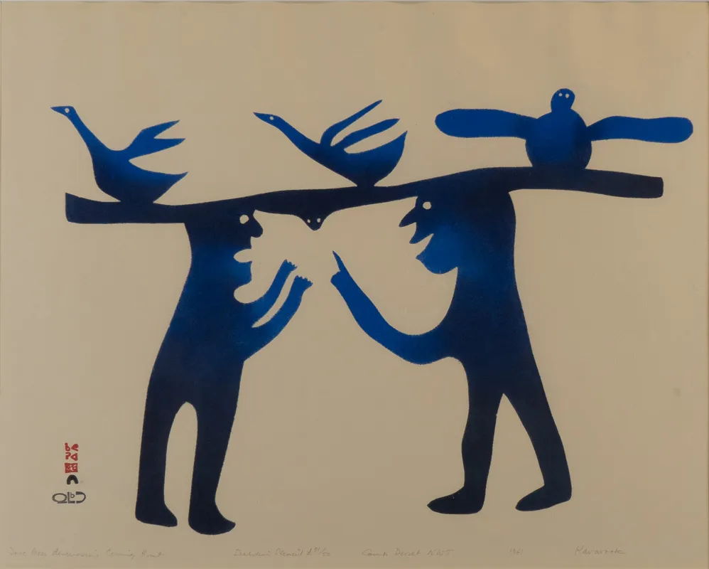 Two men in profile discussing; several prey animals appear as floating thoughts above them.