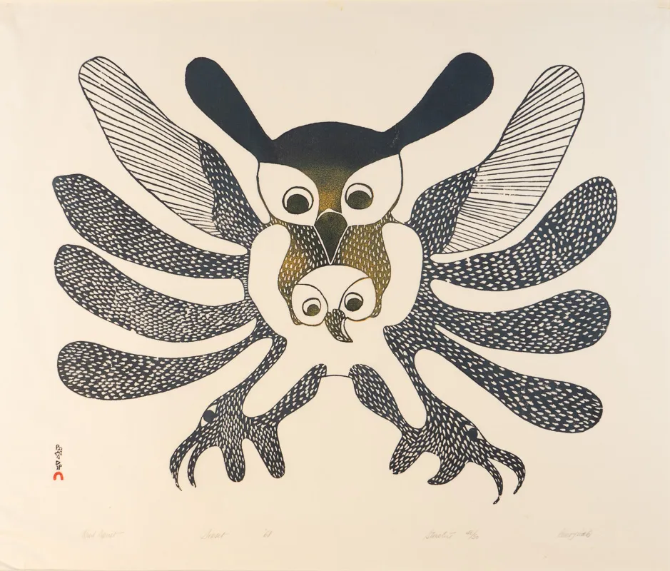 Spectral owl with numerous additional faces.