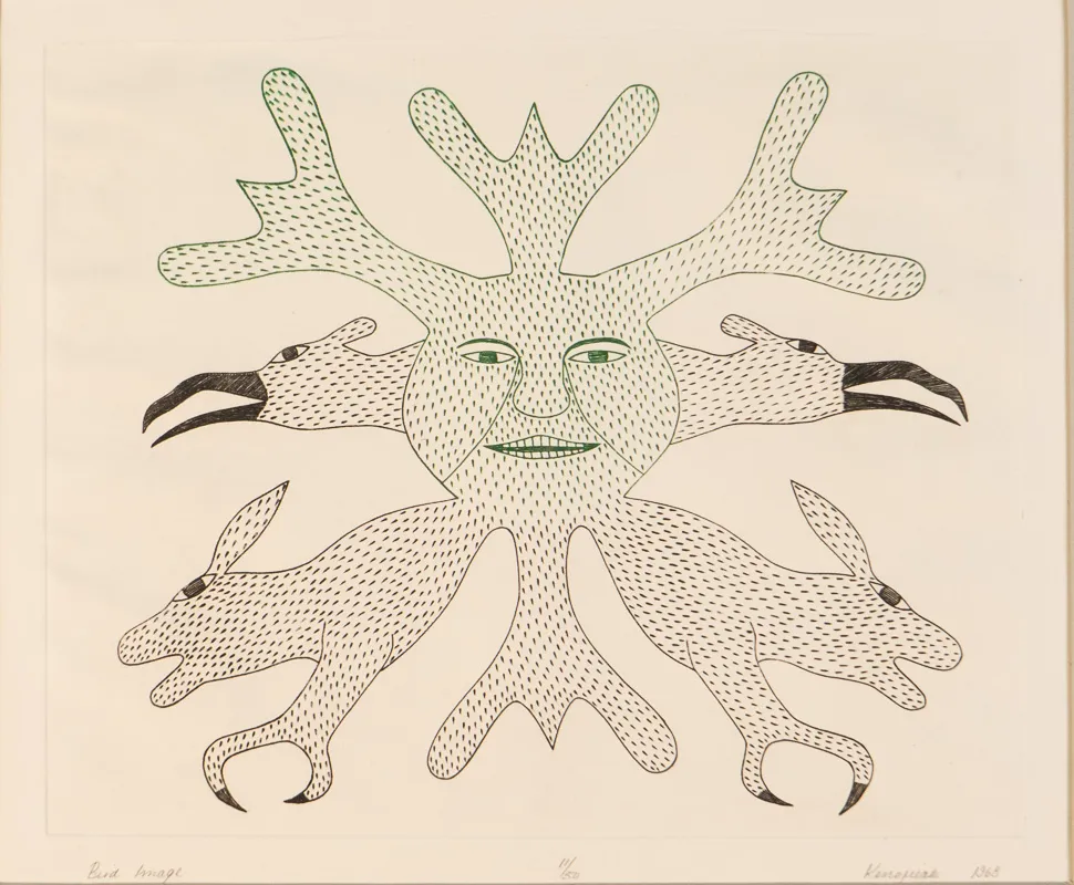 Face surrounded by bird and rabbit heads.
