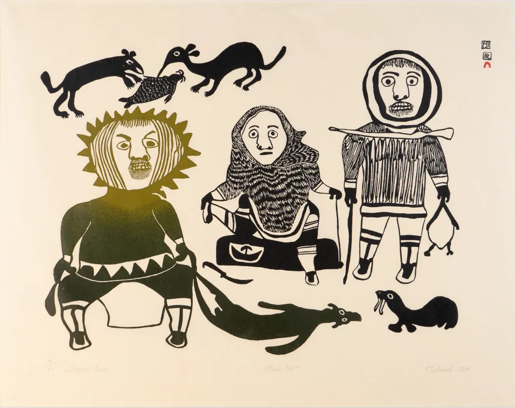 Three hunters with various animals doing strange things surrounding them.
