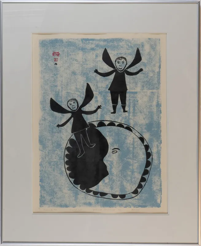 Two winged figures flying around a stylized moon.