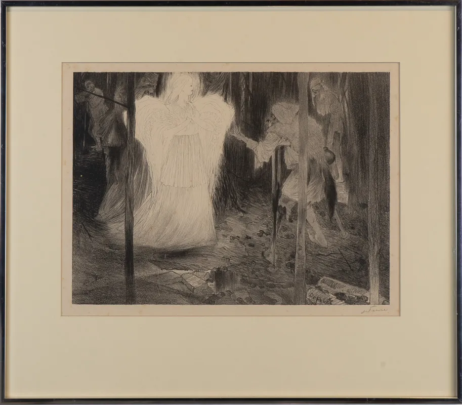 Moody lithograph of a forest scene with an angelic figure being confronted by four men.