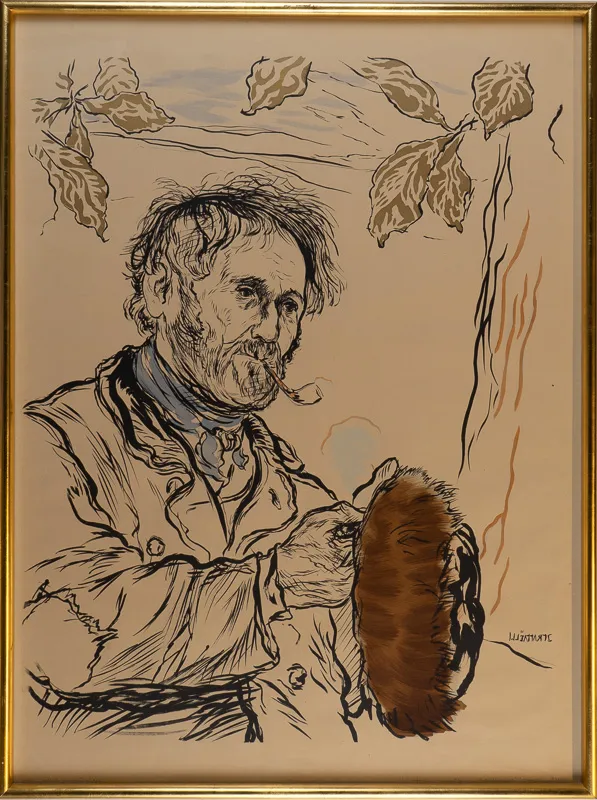 A man with a pipe, carrying a piece of fur?