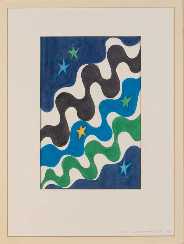 Squiggly lines goiing up towards the right in blue, green, and black.