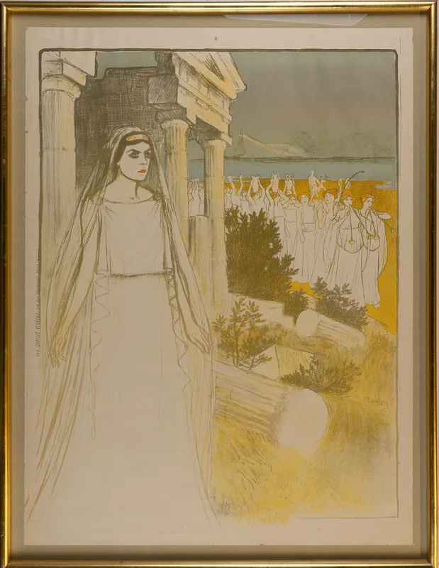Robed, semi-veiled woman in the foreground; a wind marching band of women in the background. Very airy.
