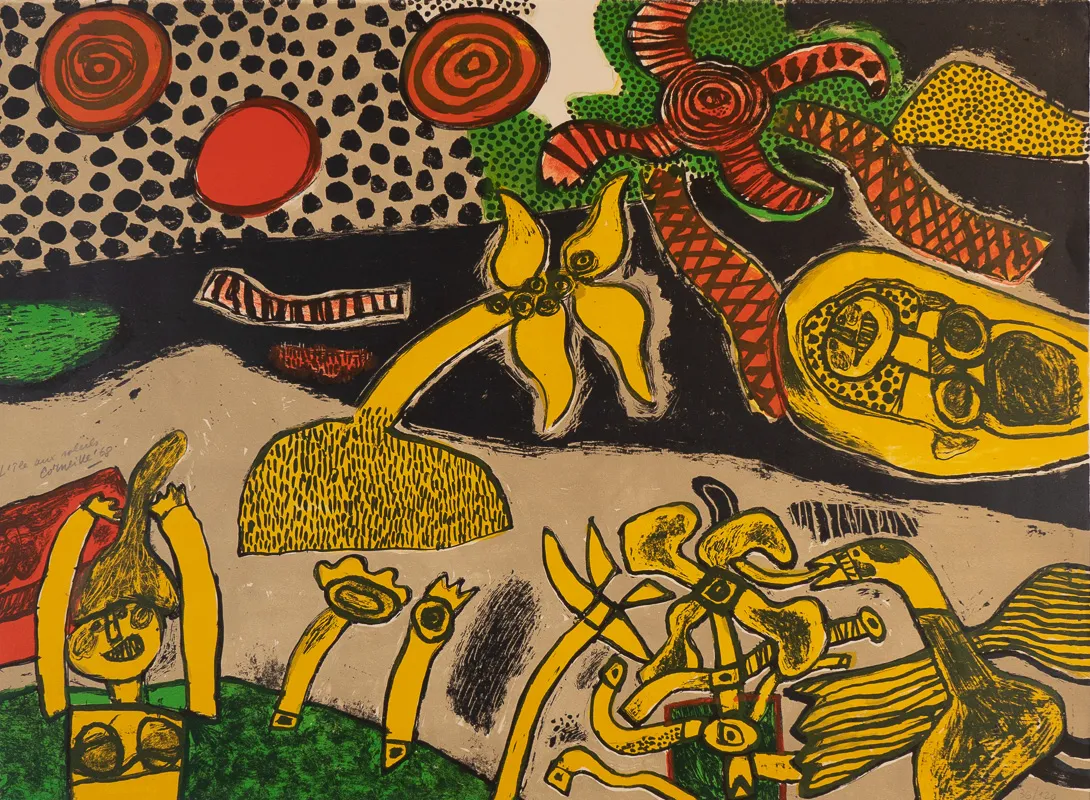 Cartoonish landscape with predominant yellow figures.