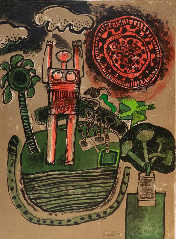 Cartoonish landscape with predominantly red figures.