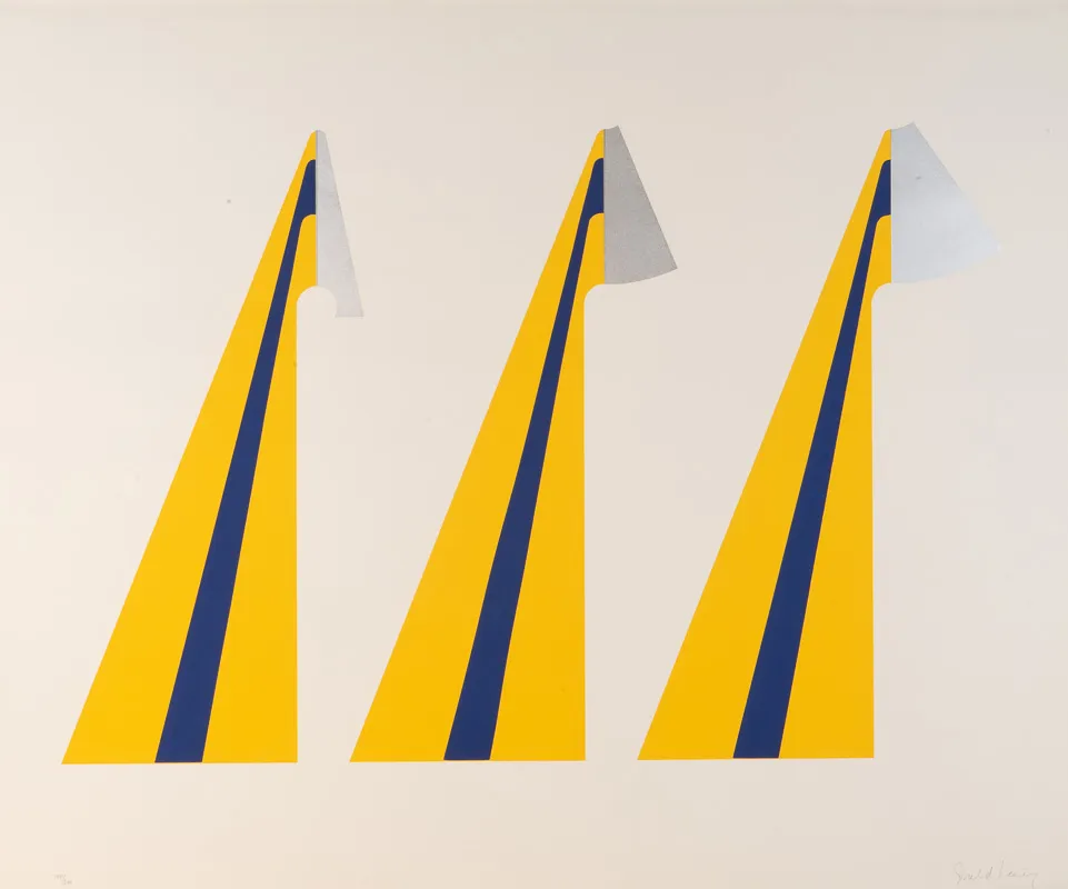 Three yellow triangles with a blue line running from base to tip. 