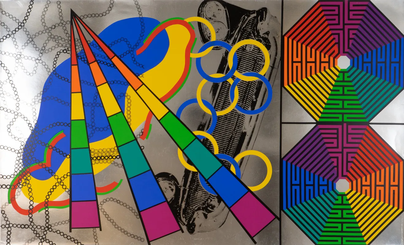 Geometric forms in primary colours. Two labyrinths on the right, and arcs and chains on the left.
