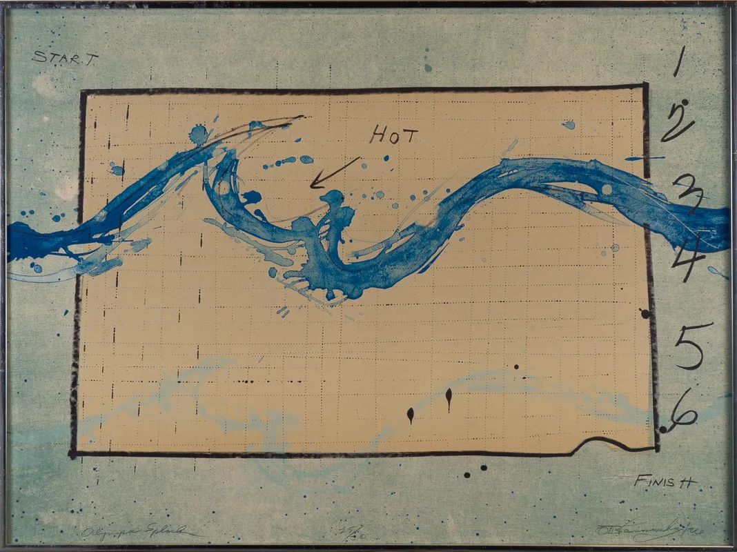 A schematic diagram of a pool with a splash of blue running across like a wild river.