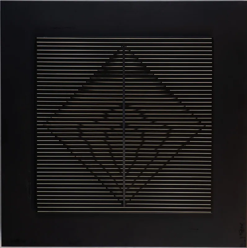 Square shape with threads and metal, creating optically shifting object.