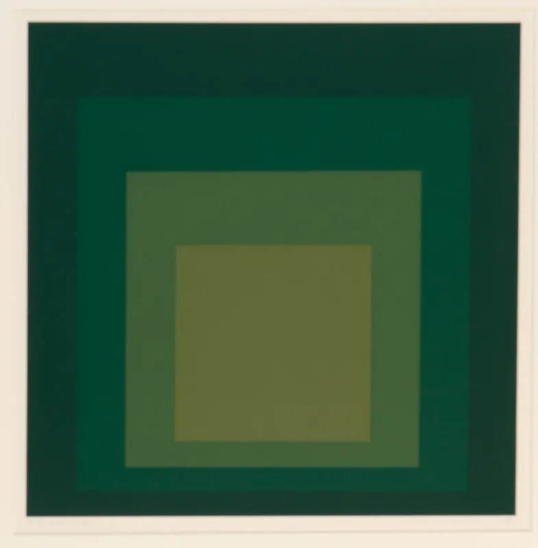 Concentric squares, weighted towards the bottom, with visual interactions between the colours. Primarily green and beige.