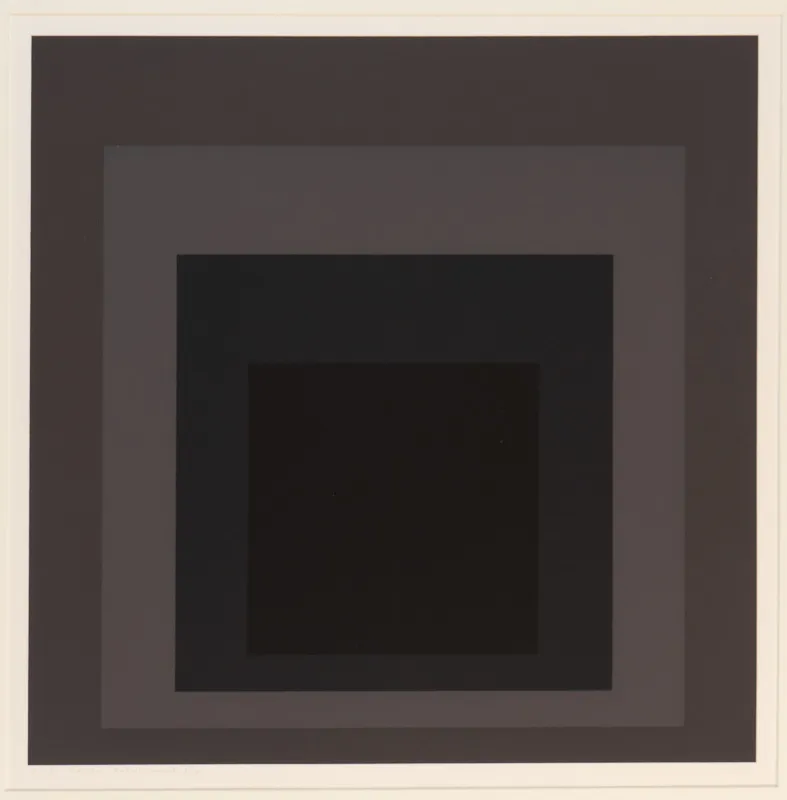 Concentric squares, weighted towards the bottom, with visual interactions between the colours. Primarily grey and black.